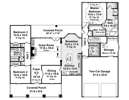Country, Craftsman, Ranch House Plan 59943 with 3 Beds, 2 Baths, 2 Car Garage First Level Plan