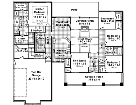 Cottage, Country, Craftsman House Plan 59954 with 4 Beds, 3 Baths, 2 Car Garage First Level Plan