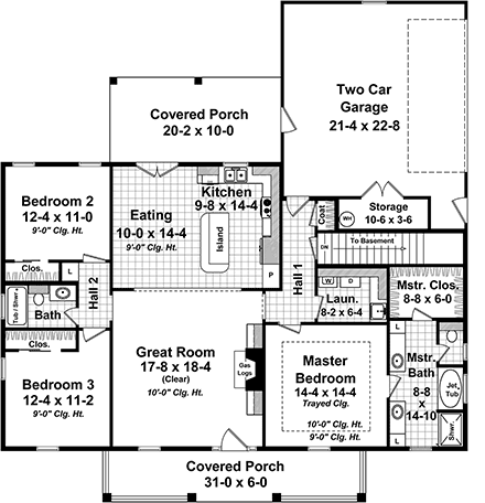 Cottage, Country, Traditional House Plan 59969 with 3 Beds, 2 Baths, 2 Car Garage First Level Plan