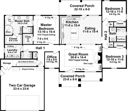 Cottage, Country, Craftsman House Plan 59974 with 3 Beds, 3 Baths, 2 Car Garage First Level Plan