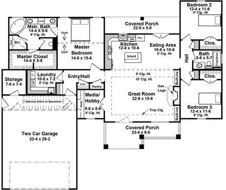 Cottage, Country, Craftsman House Plan 59980 with 3 Beds, 2 Baths, 2 Car Garage First Level Plan