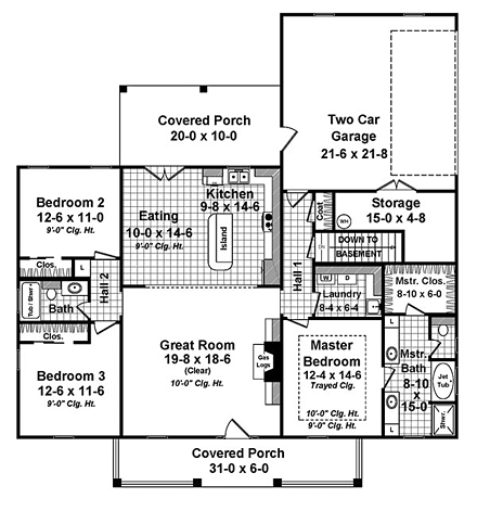 European, French Country House Plan 59987 with 3 Beds, 2 Baths, 2 Car Garage First Level Plan