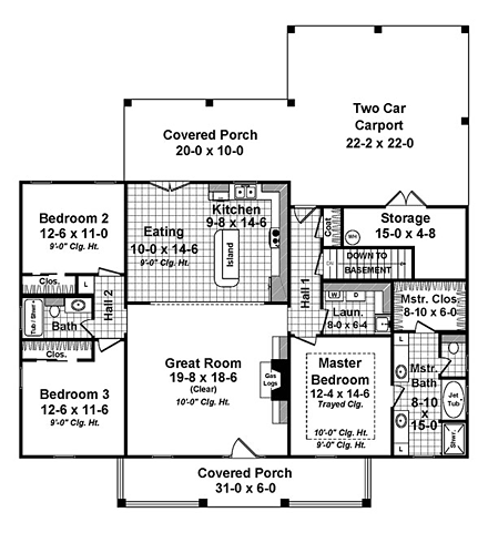 Country, Ranch, Traditional House Plan 59988 with 3 Beds, 2 Baths, 2 Car Garage First Level Plan