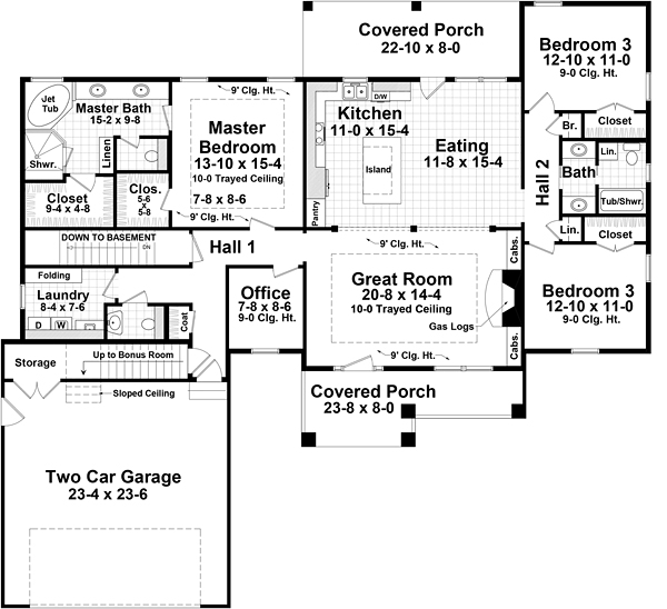 Cottage, Craftsman, Traditional House Plan 59989 with 3 Beds, 3 Baths, 2 Car Garage Level One