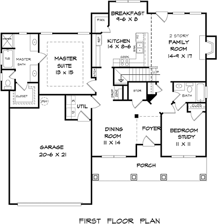 Colonial, Craftsman, Traditional House Plan 60012 with 4 Beds, 3 Baths, 2 Car Garage First Level Plan