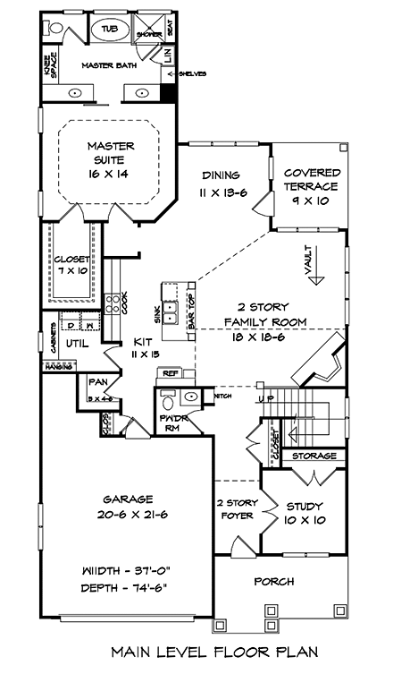 Bungalow, Cottage, Craftsman, Traditional House Plan 60037 with 3 Beds, 3 Baths, 2 Car Garage First Level Plan