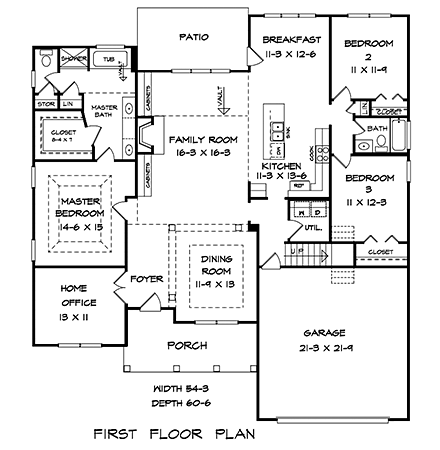Craftsman, Traditional House Plan 60058 with 3 Beds, 2 Baths, 2 Car Garage First Level Plan