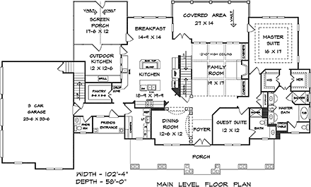 Craftsman, Traditional House Plan 60065 with 4 Beds, 5 Baths, 3 Car Garage First Level Plan