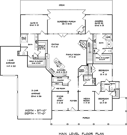 Farmhouse House Plan 60076 with 4 Beds, 4 Baths, 3 Car Garage First Level Plan