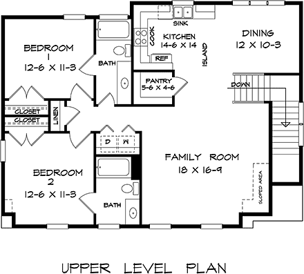 Country, Craftsman, Traditional Garage-Living Plan 60079 with 2 Beds, 3 Baths, 3 Car Garage Second Level Plan
