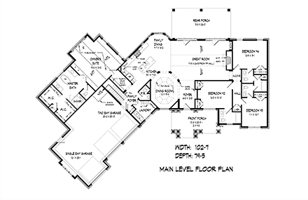Craftsman, Ranch House Plan 60084 with 4 Beds, 4 Baths, 3 Car Garage First Level Plan
