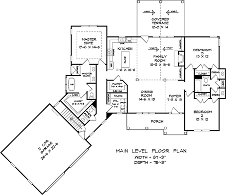 Craftsman, Traditional House Plan 60097 with 3 Beds, 3 Baths, 2 Car Garage First Level Plan