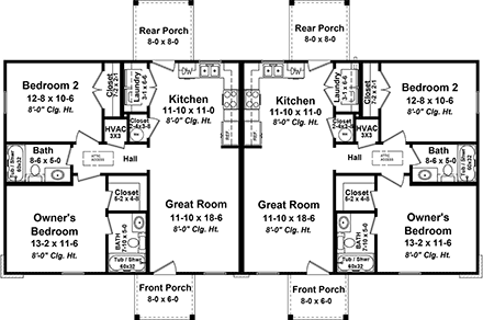 Southern, Traditional Multi-Family Plan 60117 with 2 Beds, 2 Baths First Level Plan