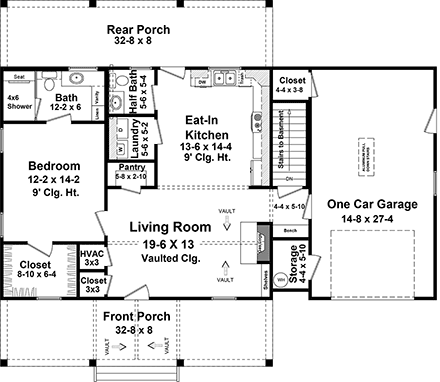 Cottage, Country, Farmhouse, Ranch House Plan 60118 with 1 Beds, 2 Baths, 1 Car Garage First Level Plan