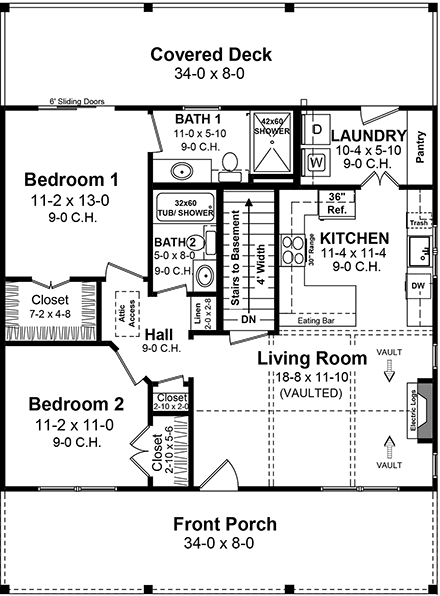 Cottage, Country, Farmhouse, Ranch House Plan 60121 with 2 Beds, 2 Baths First Level Plan
