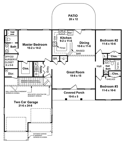 Country, Ranch, Traditional House Plan 60125, 2 Car Garage First Level Plan