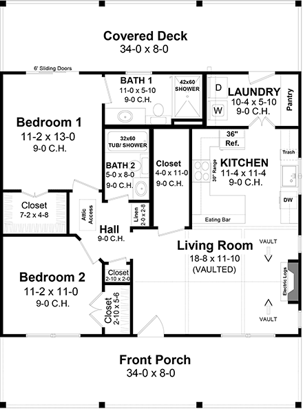 Cottage, Country, Farmhouse, Ranch House Plan 60132 with 2 Beds, 2 Baths First Level Plan