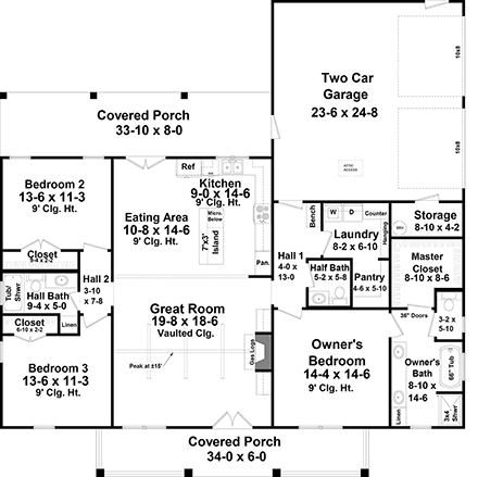 Country, Farmhouse, Ranch House Plan 60137 with 3 Beds, 3 Baths, 2 Car Garage First Level Plan
