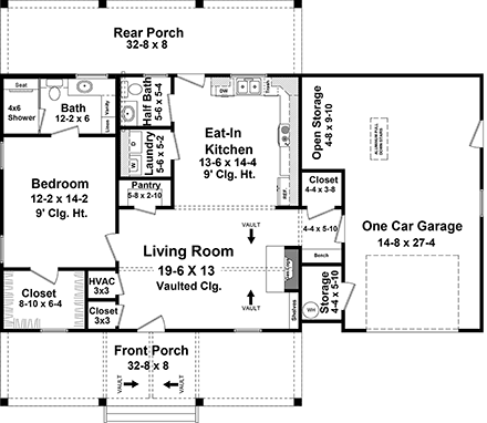 Cottage, Country, Farmhouse, Ranch House Plan 60138 with 1 Beds, 2 Baths, 1 Car Garage First Level Plan