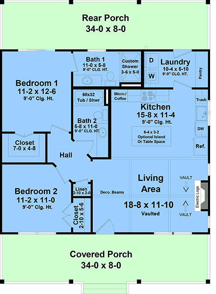 Cottage, Country, Farmhouse, Ranch House Plan 60140 with 2 Beds, 2 Baths First Level Plan