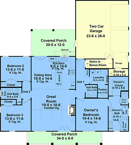 Country, Farmhouse, Ranch House Plan 60142 with 3 Beds, 3 Baths, 2 Car Garage First Level Plan