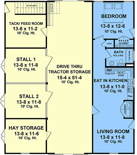 Barndominium, Farmhouse, Traditional Garage-Living Plan 60143 with 1 Beds, 1 Baths, 2 Car Garage First Level Plan