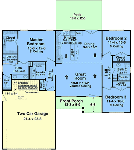House Plan 60144 with 3 Beds, 2 Baths, 2 Car Garage First Level Plan