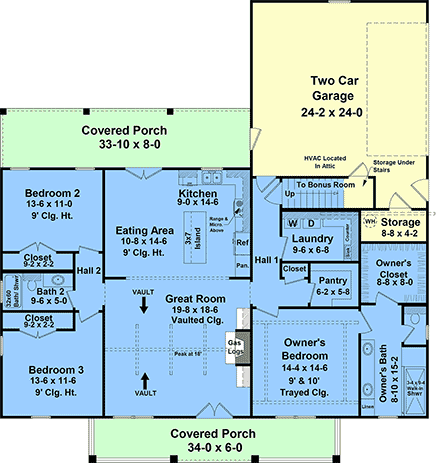 Country, Farmhouse, Ranch House Plan 60147 with 3 Beds, 2 Baths, 2 Car Garage First Level Plan