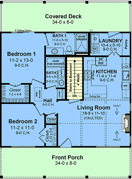 Cottage, Country, Farmhouse, Ranch House Plan 60151 with 2 Beds, 2 Baths First Level Plan