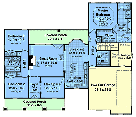 Country, Craftsman, Farmhouse, Southern House Plan 60164 with 3 Beds, 2 Baths, 2 Car Garage First Level Plan