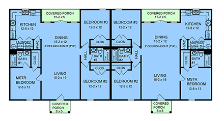 Contemporary, Country, Craftsman, Ranch, Traditional Multi-Family Plan 60168 with 6 Beds, 4 Baths First Level Plan
