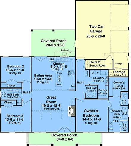 Contemporary, Country, Farmhouse, Ranch, Traditional House Plan 60184 with 3 Beds, 4 Baths, 2 Car Garage First Level Plan