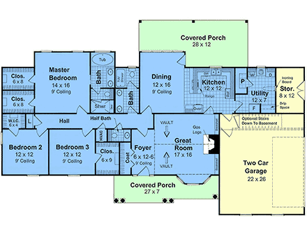 Country, European, Ranch, Traditional House Plan 60185 with 3 Beds, 3 Baths, 2 Car Garage First Level Plan