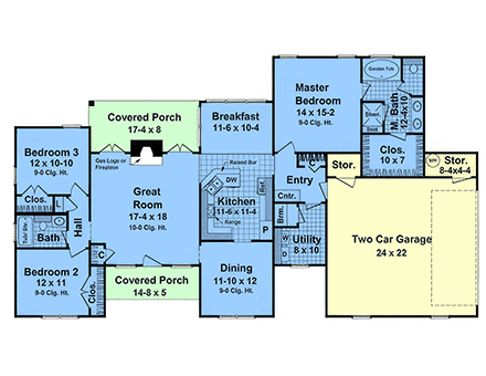 Farmhouse, Ranch, Southern, Traditional House Plan 60190 with 3 Beds, 2 Baths, 2 Car Garage First Level Plan