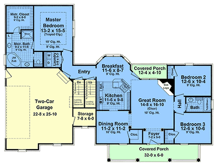 Farmhouse, Ranch, Traditional House Plan 60195 with 3 Beds, 2 Baths, 2 Car Garage First Level Plan