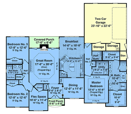 Farmhouse, Ranch, Traditional House Plan 60199 with 3 Beds, 3 Baths, 2 Car Garage First Level Plan
