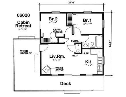 Cabin, Traditional House Plan 6020 with 2 Beds, 1 Baths First Level Plan