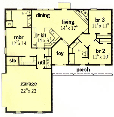 Ranch House Plan 60203 with 3 Beds, 2 Baths, 2 Car Garage First Level Plan