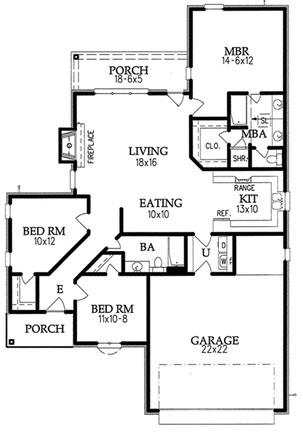 European House Plan 60206 with 3 Beds, 2 Baths, 2 Car Garage First Level Plan