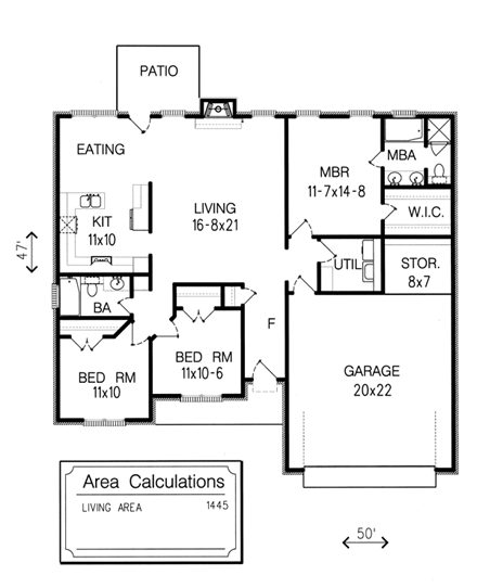 Ranch House Plan 60207 with 3 Beds, 2 Baths, 2 Car Garage First Level Plan