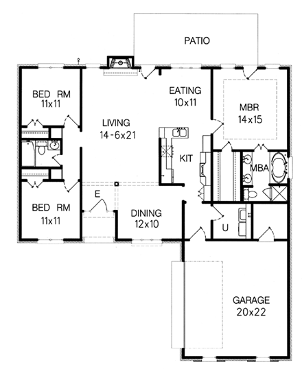 Traditional House Plan 60212 with 3 Beds, 2 Baths, 2 Car Garage First Level Plan