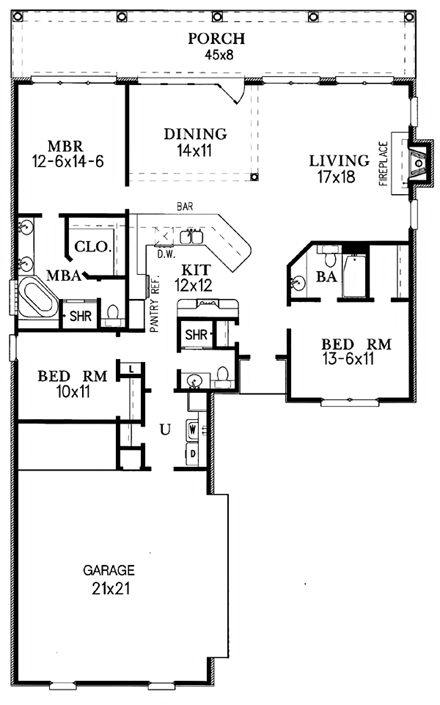 European House Plan 60221 with 3 Beds, 3 Baths, 2 Car Garage First Level Plan