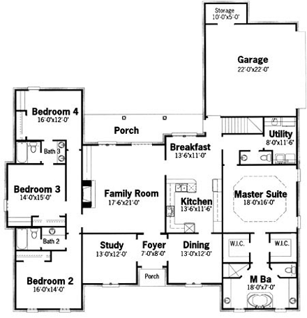 European House Plan 60227 with 4 Beds, 4 Baths, 2 Car Garage First Level Plan