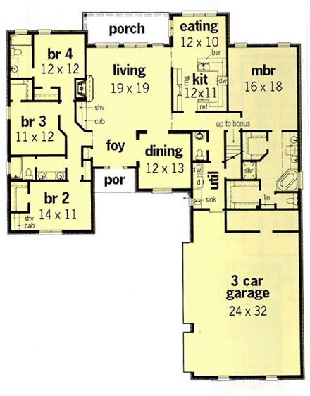European House Plan 60265 with 4 Beds, 3 Baths, 3 Car Garage First Level Plan