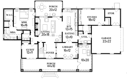 Ranch House Plan 60287 with 4 Beds, 4 Baths, 2 Car Garage First Level Plan
