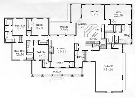 Country House Plan 60324 with 4 Beds, 3 Baths, 3 Car Garage First Level Plan