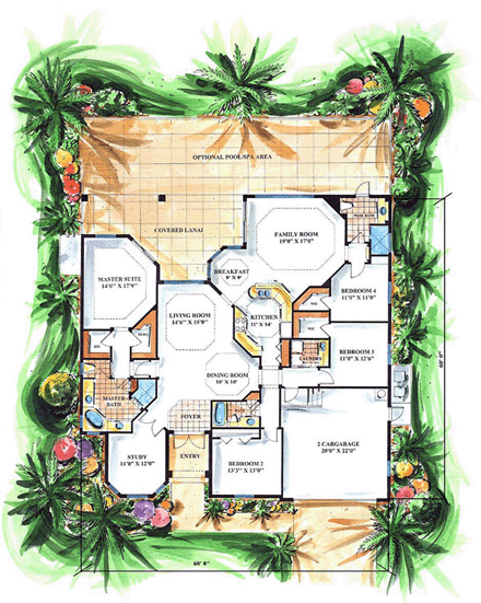 Florida, Mediterranean House Plan 60403 with 4 Beds, 3 Baths, 2 Car Garage First Level Plan