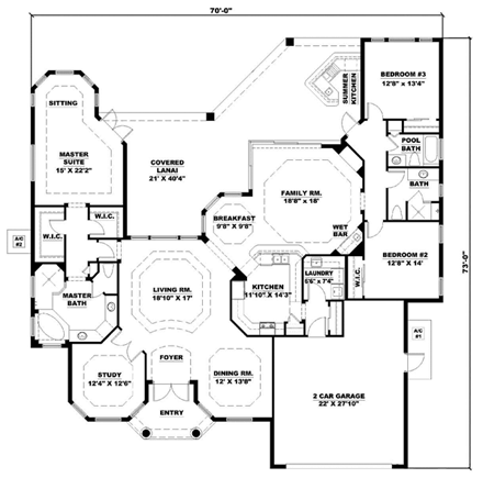 Florida, Mediterranean House Plan 60404 with 3 Beds, 3 Baths, 2 Car Garage First Level Plan