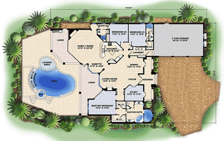 Florida, Mediterranean House Plan 60406 with 3 Beds, 3 Baths, 3 Car Garage First Level Plan