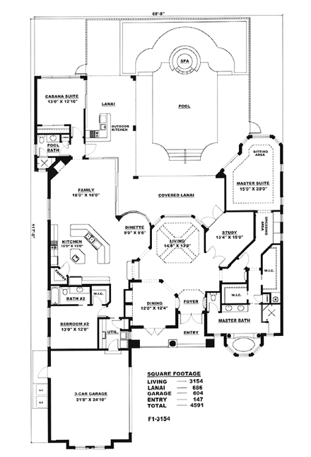 Florida, Mediterranean House Plan 60408 with 3 Beds, 3 Baths, 3 Car Garage First Level Plan